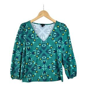 Ann Taylor Factory Floral Print‎ Blouse V-Neck 3/4 Sleeve Green Top Size M